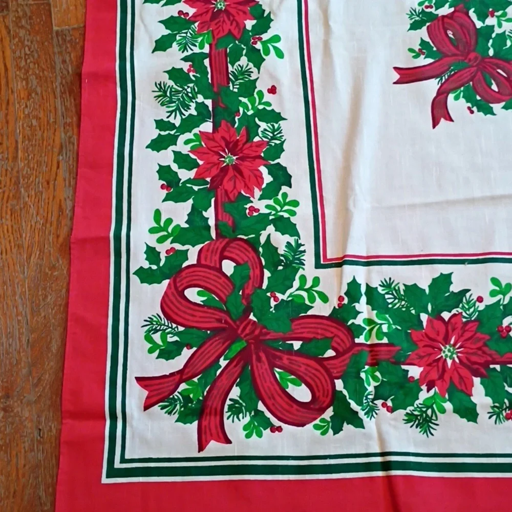 Vintage Holiday Tablecloth with Red and Green Poinsettia Design